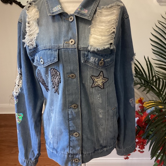 Distressed Denim Sequin Angel Jacket ( Size: XL) - Picture 2 of 7